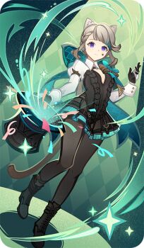 1girl animal_ears bad_source black_boots black_gloves black_hat black_pantyhose boots braid brown_hair cat_ears cat_girl cat_tail facial_tattoo genshin_impact gloves hat holding holding_unworn_clothes holding_unworn_hat long_hair long_sleeves looking_at_viewer lynette_(genshin_impact) multicolored_gloves official_art pantyhose purple_eyes solo standing star_(symbol) star_tattoo tail tattoo top_hat two-tone_gloves unworn_hat unworn_headwear white_gloves