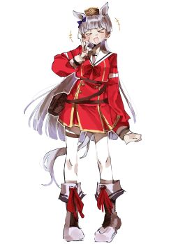 &gt;_&lt; 1girl animal_ears belt belt_pouch bkv8j blunt_bangs blush bow breasts brown_hat closed_eyes ear_bow facing_viewer gloves gold_ship_(umamusume) grey_hair hat highres horse_ears horse_girl horse_tail long_hair long_sleeves open_mouth pantyhose pillbox_hat pouch purple_bow red_bow red_serafuku red_shirt red_skirt sailor_collar school_uniform serafuku shirt simple_background skirt smile solo tail thigh_strap umamusume v white_background white_pantyhose white_sailor_collar