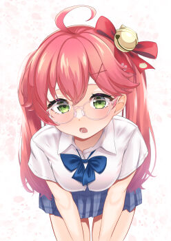Rule 34 | 1girl, absurdres, ahoge, bell, blue bow, blue bowtie, blue skirt, blush, bow, bowtie, breasts, button gap, collared shirt, glasses, green eyes, hair bell, hair between eyes, hair bow, hair ornament, hairclip, highres, hololive, jingle bell, leaning forward, long hair, looking at viewer, medium breasts, nankoni, open mouth, pink-framed eyewear, pink hair, plaid clothes, plaid skirt, red bow, sakura miko, school uniform, shirt, short sleeves, skirt, solo, virtual youtuber, white background, white shirt, x hair ornament