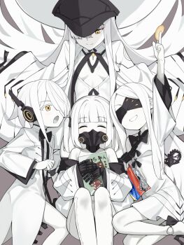 4girls arm_up bag_of_chips black_bow black_bowtie blue_archive bow bowtie breasts chips_(food) closed_eyes closed_mouth colored_skin commentary_request covered_eyes dress ein_(blue_archive) food grin hair_over_one_eye hat hoshiya_takahito long_hair long_sleeves malkuth_(blue_archive) mask multiple_girls ohr_(blue_archive) one_eye_covered open_mouth potato_chips respirator sitting small_breasts smile sof_(blue_archive) symbol-shaped_pupils white_dress white_hair white_hat white_skin x-shaped_pupils yellow_eyes