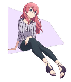 1girl amano_miu blend_s full_body glasses hair_down long_hair looking_at_viewer pants red_hair sandals shirt simple_background smile solo tagme ushio_(0632cd-0729jf) white_background