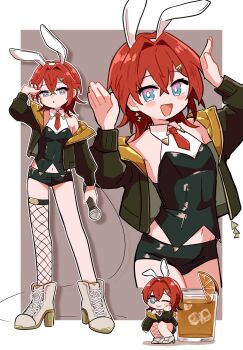 1girl :d ange_katrina animal_ear_hairband animal_ears ankle_boots bare_shoulders black_shirt black_shorts black_thighhighs blue_eyes blush_stickers boots border breasts bright_pupils brown_background brown_jacket chibi collared_shirt colored_shoe_soles commentary_request crossed_bangs cup double-parted_bangs drink drinking_glass drop_shadow earrings fake_animal_ears fishnet_thighhighs fishnets food fruit gold_earrings hair_between_eyes hair_ornament hairband halter_shirt halterneck hand_up hands_up high_heel_boots high_heels highres holding holding_microphone ice ice_cube jacket jewelry lace-up_boots layered_shirt long_sleeves looking_at_viewer medium_hair micro_shorts microphone multicolored_eyes multiple_views navel necktie nijisanji nontraditional_playboy_bunny off_shoulder official_alternate_costume open_clothes open_jacket open_mouth orange_(fruit) orange_jacket orange_slice outline outside_border purple_eyes quilted_jacket rabbit_ear_hairband rabbit_ears rabbit_pose red_hair red_necktie shirt short_necktie shorts single_earring single_thighhigh sleeveless sleeveless_shirt small_breasts smile temtem39000 thighhighs triangle_earrings triangle_hair_ornament two-sided_fabric two-sided_jacket two-tone_eyes virtual_youtuber white_boots white_border white_outline white_pupils white_shirt