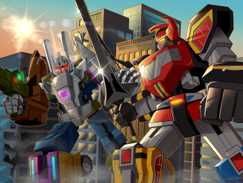 2boys alien armor battle bruticus cannon combaticon crossover daijuujin daizyuzin decepticon dino_megazord fighting glowing glowing_eyes gun highres holding holding_gun holding_sword holding_weapon horns khobra1981 kyouryuu_sentai_zyuranger mecha mighty_morphin_power_rangers multiple_boys no_humans power_rangers red_eyes retro_artstyle robot science_fiction super_robot super_sentai sword tokusatsu transformers weapon yellow_eyes
