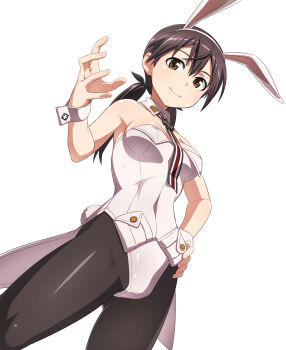 1girl animal_ears black_pantyhose breasts brown_eyes brown_hair cross fake_animal_ears feet_out_of_frame gertrud_barkhorn happy highres insignia iron_cross leotard long_hair looking_at_viewer medium_breasts nanashino pantyhose playboy_bunny rabbit_ears simple_background smile solo standing strike_witches twintails white_background white_leotard world_witches_series wrist_cuffs