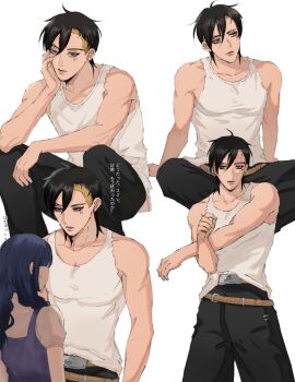 Rule 34 | 1boy, 1girl, belt, belt buckle, black hair, blonde hair, boruto: two blue vortex, brown belt, buckle, commentary request, earrings, eyebrow piercing, face piercing, facial tattoo, grey eyes, highres, ifevilwhyuhot, jewelry, kakei sumire, kawaki (boruto), konohagakure symbol, male focus, multicolored hair, muscular, muscular male, naruto (series), piercing, puffy short sleeves, puffy sleeves, short sleeves, sitting, stretching, stud earrings, tank top, tattoo, translation request, two-tone hair, undercut, white tank top