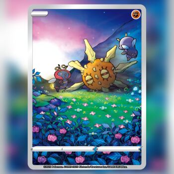 :d antennae black_sclera card_(medium) colored_sclera commentary company_name copyright_name copyright_notice english_commentary flower flying gen_3_pokemon glowing grass illumise imagawa_nobuhiro insect_wings narrowed_eyes night nintendo no_humans official_art open_mouth outdoors pink_flower pokemon pokemon_(creature) pokemon_card pokemon_focus pokemon_tcg red_eyes sky smile solrock star_(sky) textless_version third-party_source trading_card volbeat wings yellow_eyes
