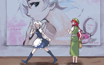 Rule 34 | 2girls, ad, apron, bag, beret, blush, boots, braid, china dress, chinese clothes, dress, embodiment of scarlet devil, closed eyes, female focus, hat, hong meiling, izayoi sakuya, knee boots, kneehighs, long sleeves, maid, maid apron, maid headdress, multiple girls, open mouth, pocket watch, pointing, red hair, short hair, socks, spring onion, tima, touhou, walking, watch, white hair