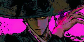 Rule 34 | 1boy, black hanbok, black hat, body markings, changback99, close-up, closed mouth, gat (hat), hanbok, hashtag-only commentary, hat, highres, jinu (kpop demon hunters), korean clothes, kpop demon hunters, looking to the side, male focus, purple background, simple background, solo, yellow eyes