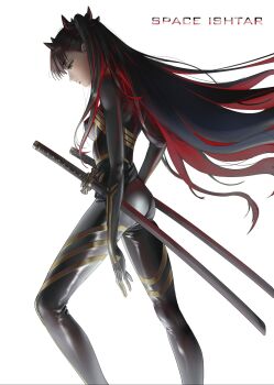 1girl agaver123 ass black_bodysuit bodysuit breasts character_name chinese_commentary commentary fate/grand_order fate_(series) frown grey_eyes head_down highres horns ishtar_(fate) katana long_hair multicolored_hair profile revision sheath simple_background solo space_ishtar_(fate) space_ishtar_(first_ascension)_(fate) sword two-tone_hair weapon white_background