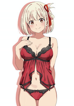 1girl absurdres arm_behind_back babydoll blonde_hair bob_cut breasts cleavage closed_mouth collarbone commentary_request cowboy_shot hair_ribbon hand_up highres large_breasts lingerie looking_at_viewer lycoris_recoil navel nishikigi_chisato one_side_up panties red_babydoll red_eyes red_panties red_ribbon ribbon short_hair simple_background smile solo tetsuado underwear underwear_only white_background