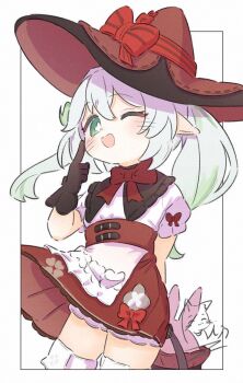 Rule 34 | 1girl, ;d, arm behind back, blush, brown gloves, commentary request, cosplay, genshin impact, gloves, green eyes, green hair, hair between eyes, hand up, hat, highres, inaririn, klee (blossoming starlight) (genshin impact), klee (genshin impact), klee (genshin impact) (cosplay), long hair, looking at viewer, multicolored hair, nahida (genshin impact), one eye closed, open mouth, red hat, red skirt, shirt, skirt, smile, solo, symbol-shaped pupils, white background, white hair, white shirt, witch hat