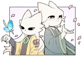 1boy 1girl black_bodysuit black_eyes blue_coat bodysuit cat_boy cat_girl closed_mouth coat furry furry_female furry_male genderswap genderswap_(ftm) genderswap_(mtf) heng_(nine_sols) mystic_nymph_(nine_sols) nine_sols pink_eyes smile upper_body white_fur yellow_coat yi_(nine_sols) yyang_gg