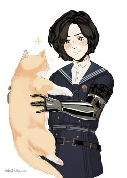 1boy animal artist_name black_hair blue_eyes boothillpurin cat closed_mouth commentary english_commentary freckles highres holding holding_animal holding_cat inktober lies_of_p male_focus mechanical_arms orange_fur pinocchio_(lies_of_p) prosthesis prosthetic_arm short_hair single_mechanical_arm sparkle spring_(lies_of_p) standing twitter_username white_background