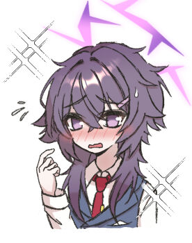 1girl alternate_hairstyle ayo5108 blue_archive blue_vest blush collared_shirt commentary cropped_torso english_commentary flying_sweatdrops hair_ornament hairclip halo hand_up haruka_(blue_archive) haruka_(dress)_(blue_archive) long_hair long_sleeves necktie nose_blush parted_lips pointing pointing_at_self purple_eyes purple_hair red_necktie shirt simple_background solo sparkle upper_body vest wavy_mouth white_background white_shirt