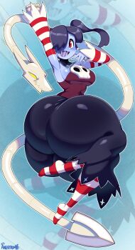 1girl absurdres angstromart ass breasts commentary dress english_commentary highres huge_ass looking_at_another red_eyes side_ponytail skullgirls smile solo squigly_(skullgirls) zombie