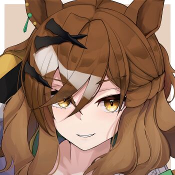 Rule 34 | 1girl, ahoge, animal ears, blush, crossed bangs, grin, hair between eyes, hair ornament, hairclip, highres, horse ears, horse girl, jacket, jungle pocket (champion's battle cry) (umamusume), jungle pocket (umamusume), looking at viewer, notched ear, ponytail, portrait, short hair, short ponytail, simple background, smile, solo, ukinon, umamusume, v-shaped eyebrows, yellow jacket