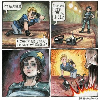 1boy 1girl absurdres albert_wesker artist_name beret black_gloves blonde_hair blue_eyes blue_hat brown_hair commentary english_commentary fingerless_gloves gloves hand_on_own_hip hat highres jill_valentine resident_evil resident_evil_1 rhiannon_kagoe shoulder_pads smile sparkle sunglasses unworn_eyewear