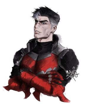 1boy aged_up bat_signal batman_(series) batman_symbol black_gloves black_hair blue_eyes bodysuit dc_comics gloves grey_bodysuit highres huaq127 jason_todd male_focus multicolored_bodysuit multicolored_hair muscular muscular_male red_hood_(dc) short_hair superhero_costume taut_bodysuit two-tone_bodysuit