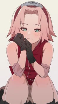 1girl 5_nan_(5nan_5nan) animated animated_gif black_gloves blinking commentary_request elbow_pads forehead_protector gloves green_eyes hairband hands_up haruno_sakura highres knees_to_chest looking_at_viewer looping_animation naruto_(classic) naruto_(series) naruto_shippuuden own_hands_together pink_hair red_hairband red_shirt shirt short_hair sitting sleeveless sleeveless_shirt smile solo white_background