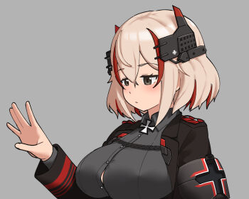 1girl armband azur_lane black_armband black_jacket blonde_hair breasts brown_eyes button_gap buttons closed_mouth commentary cross english_commentary grey_background hair_between_eyes hand_up headgear highres horns iron_cross jacket large_breasts light_frown long_sleeves looking_at_hand mechanical_horns multicolored_hair open_clothes open_jacket parallelrey red_hair red_streaks roon_(azur_lane) short_hair simple_background solo streaked_hair two-tone_hair upper_body