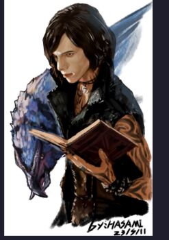 1boy animal arm_tattoo artist_name black_coat black_eyes black_hair book bracelet chest_tattoo closed_mouth coat cropped_torso dated devil_may_cry_(series) devil_may_cry_5 griffon_(devil_may_cry_5) holding holding_book hua_ha_jiazi jewelry male_focus necklace open_book short_hair simple_background sleeveless sleeveless_coat swept_bangs tattoo tooth_necklace v_(devil_may_cry) white_background