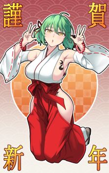 1girl absurdres armpits arms_up bead_bracelet beads bracelet breast_tattoo breasts commentary detached_sleeves geta green_hair hakama hakama_pants highres hikage_(senran_kagura) japanese_clothes jewelry large_breasts light_blush looking_at_viewer medium_hair no_bra open_mouth pants red_hakama senran_kagura short_twintails sideboob slit_pupils snake_print snake_tattoo socks solo tattoo twintails v white_kosode white_socks yellow_eyes zib_(boriku)
