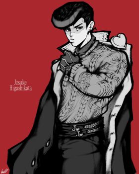 1boy aran_sweater arm_out_of_sleeve bright_pupils cable_knit commentary cowboy_shot earrings english_commentary ginseng_(xin) gloves higashikata_josuke highres jacket jewelry jojo_no_kimyou_na_bouken male_focus open_clothes open_jacket pants pompadour pout red_background shaded_face signature simple_background solo sweater sweater_tucked_in wrist_belt