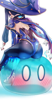 1girl ass back black_pantyhose blue_headwear blue_leotard blush capelet from_behind fur_collar genshin_impact gold_trim hat high_heels highres leotard long_hair mona_(genshin_impact) pantyhose purple_hair sitting slime slime_(genshin_impact) twintails uenoryoma vision_(genshin_impact) witch_hat