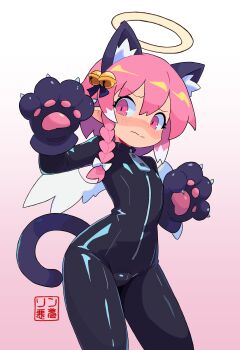 angel angel_boy angel_halo angel_wings animal_ears bodysuit cat_boy cat_ears cat_paws cat_tail crossdressing femboy kuu latex pink_eyes pink_hair s shota tail trap wings