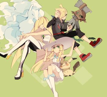 1boy 2girls ahoge alolan_form alolan_ninetales blonde_hair blunt_bangs braid brother_and_sister capri_pants closed_mouth collared_dress commentary_request crossed_legs diamond_(shape) dress family gem gen_7_pokemon gladion_(pokemon) green_background green_eyes green_gemstone hands_on_headwear hat high_heels hood hood_down hoodie huan_li invisible_chair kneehighs legendary_pokemon leggings lillie_(pokemon) long_hair lusamine_(pokemon) mature_female mimikyu mother_and_daughter mother_and_son multiple_girls nintendo pants pokemon pokemon_(creature) pokemon_sm red_footwear see-through_clothes shoes short_dress short_hair siblings sitting sleeveless sleeveless_dress smile socks sun_hat sundress twin_braids type:_null white_dress white_headwear white_legwear