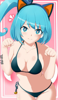1girl absurdres animal_ears bare_shoulders bikini black_bikini blue_eyes blue_hair breasts cat_ears collarbone cowboy_shot fake_animal_ears highres jetaxl_tanuki medium_breasts mega_man_(series) mega_man_x_(series) mega_man_x_dive paw_pose pink_background rico_(mega_man) side_ponytail simple_background solo swimsuit