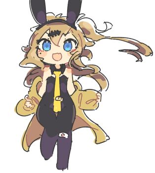 Rule 34 | 1girl, :d, adapted costume, alternate costume, animal ears, bandaid, bandaid on knee, bandaid on leg, bare shoulders, black collar, black ears, black leotard, black pantyhose, blonde hair, blue eyes, blush stickers, cardigan, cardigan pull, collar, commentary, deformed, detached collar, fake animal ears, fang, flat chest, full body, hair ornament, hairclip, highres, kasukabe tsumugi, leotard, long hair, messy hair, mole, mole under eye, necktie, one side up, open cardigan, open clothes, open mouth, pantyhose, playboy bunny, rabbit ears, sakamoto ahiru, simple background, skin fang, smile, solo, tie clip, voicevox, white background, yellow cardigan, yellow necktie