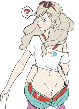 1girl ass blonde_hair blue_eyes butt_crack crop_top denim denim_shorts dimples_of_venus from_behind kneeling looking_at_viewer looking_back persona persona_5 shin_megami_tensei shorts simple_background solo speech_bubble sunbeam_(artist) sunglasses sunglasses_on_head takamaki_anne twintails
