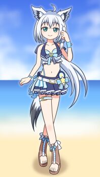 1girl ahoge animal_ear_fluff animal_ears aqua_eyes bare_arms bare_shoulders beach belt bikini black_tail blue_bikini blue_sky blurry blurry_background blush boots braid breasts brown_boots closed_mouth cloud cloudy_sky collarbone commentary commission crossed_bangs crossed_legs curled_fingers dot_nose double-parted_bangs ear_piercing fox_ears fox_girl fox_tail front-tie_bikini_top front-tie_top full_body hand_up highres hololive hololive_summer_2023_swimsuit kato-shun layered_bikini light_blush long_hair looking_at_viewer low_ponytail medium_breasts miniskirt multicolored_bikini multicolored_tail navel ocean official_alternate_costume open-toe_boots outdoors piercing pixiv_commission pleated_skirt ponytail sand shirakami_fubuki side_braid skirt sky smile solo standing straight-on striped_bikini striped_clothes swimsuit tail thigh_strap toes two-tone_bikini two-tone_tail virtual_youtuber white_belt white_hair white_tail