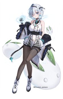 1girl :o aqua_necktie bare_shoulders black_boots black_choker black_dress black_gloves black_hairband black_pantyhose black_ribbon blue_eyes boots breasts choker collar collared_dress cryokinesis detached_sleeves dress earrings gloves grey_dress hair_between_eyes hair_ornament hair_over_one_eye hairband highres hwansang_jungdog jewelry large_breasts looking_at_viewer medium_hair multicolored_boots multicolored_dress multicolored_hairband necktie original pantyhose ribbon short_dress sidelocks simple_background sleeveless sleeveless_dress solo thigh_strap twitter_username two-tone_boots two-tone_hairband white_background white_boots white_collar white_dress white_hair white_hairband wide_sleeves