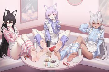 3girls absurdres ankle_socks bare_legs barefoot black_hair cake cake_slice donut feet food fruit highres long_hair long_sleeves looking_at_viewer multiple_girls no_shoes original panties pharamacom plate purple_hair red_eyes socks soles spread_legs strawberry underwear white_hair white_panties
