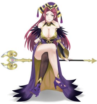 1girl asymmetrical_legwear bare_shoulders braid breasts cleavage clothes_lift crossed_legs dress dress_lift earrings feather_trim female_focus fingernails fire_emblem fire_emblem_heroes gloves hair_ornament hat high_heels holding holding_staff j@ck jewelry large_breasts lips loki_(fire_emblem) long_fingernails long_hair looking_at_viewer nail_polish nintendo purple_eyes purple_hair purple_hat purple_nails smile solo staff tassel thighhighs thighs