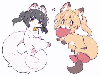 !? :< animal animal_ear_fluff animal_focus bell black_hair blonde_hair blunt_bangs bow brown_eyes double-parted_bangs fox hair_between_eyes jitome neck_bell no_humans open_mouth original ponytail red_bow red_eyes short_hair suzuno_(suzuno3110) tail tail_bow tail_ornament thick_eyebrows