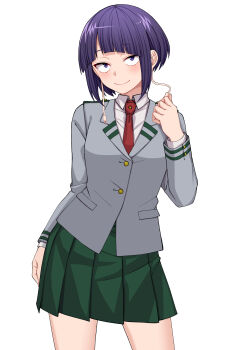 1girl absurdres audio_jack boku_no_hero_academia breasts closed_mouth earplugs green_skirt grey_jacket hair_between_eyes highres jacket jiro_kyoka kobaji long_earlobes long_sleeves necktie purple_eyes purple_hair red_necktie school_uniform short_hair skirt smile solo u.a._school_uniform white_background