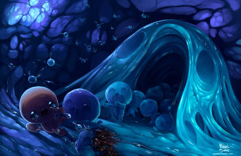 1boy androgynous artist_name blue_skin blue_theme bug cave colored_skin crying falling fly hush_(the_binding_of_isaac) bug isaac_(the_binding_of_isaac) lying male_focus on_side open_mouth pink_skin samolo tears the_binding_of_isaac watermark web_address