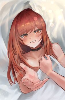Rule 34 | 1girl, absurdres, bed sheet, black choker, blush, choker, collarbone, commentary request, dori (dori happy5959), goddess of victory: nikke, highres, korean commentary, long hair, long sidelocks, looking at viewer, mixed-language commentary, naked sheet, official alternate hair color, rapi (nikke), rapi (red hood) (cherished red) (nikke), rapi (red hood) (nikke), red eyes, red hair, sidelocks, smile, solo, upper body