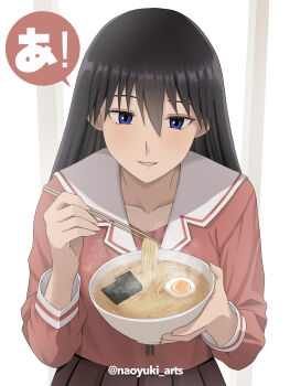 Rule 34 | 1girl, a (phrase), absurdres, azumanga daioh's school uniform, azumanga daiou, black hair, blue eyes, bowl, chopsticks, egg (food), food, hair between eyes, hands up, highres, holding, holding bowl, long hair, long sleeves, naoyuki arts, noodles, parted lips, pleated skirt, red shirt, sakaki (azumanga daioh), school uniform, shirt, skirt, smile, solo, straight-on, upper body