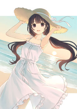 104_(luins104) 1girl beach black_hair blunt_bangs breasts brown_eyes brown_hair collarbone commentary_request cowboy_shot dress frilled_dress frills hands_up hat hat_ribbon highres long_hair looking_at_viewer original ribbon smile solo straw_hat tongue white_dress white_ribbon