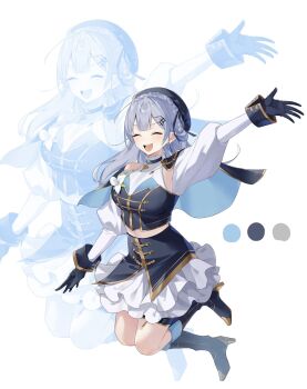 1girl :d ^_^ arm_up benichaaa beret blue_boots blue_cape blue_gloves blue_hat blue_shirt blue_skirt blush boots braid breasts cape closed_eyes clothing_cutout color_guide commentary_request crown_braid double-parted_bangs earrings fold-over_gloves frilled_shirt_collar frilled_skirt frills full_body gloves gold_trim grey_hair hakase_fuyuki hat high-waist_skirt high_heel_boots high_heels highres idol_clothes jewelry knee_boots large_breasts layered_shirt layered_skirt legs_up long_hair long_sleeves midriff miniskirt navel nijisanji nijisanji_idol_uniform number_hair_ornament open_mouth puffy_long_sleeves puffy_sleeves shirt shoulder_cutout side_cape skirt smile solo teeth thigh_strap two-sided_cape two-sided_fabric upper_teeth_only v-shaped_eyebrows virtual_youtuber white_background white_shirt white_skirt zoom_layer