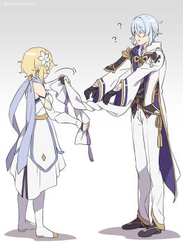 1boy 1girl ? agemaki_knot armor asymmetrical_armor asymmetrical_hair bare_shoulders black_armor black_gloves black_shoes black_vest blonde_hair blue_hair blue_scarf boots chinese_knot coat detached_sleeves dress flower full_body genshin_impact gloves gold_trim gradient_background grey_background hair_between_eyes hair_flower hair_ornament hair_over_shoulder highres japanese_armor kamisato_ayato long_scarf long_sleeves looking_at_another lumine_(genshin_impact) medium_hair open_clothes open_coat outstretched_arms pants parted_lips purple_shirt scarf shirt shoes short_hair shoulder_armor simple_background single_sode sleeveless sleeveless_dress sleeves_tied_together smile sode soranomonooki standing tailcoat twitter_username vest white_background white_boots white_coat white_dress white_flower white_pants wide_sleeves |_|