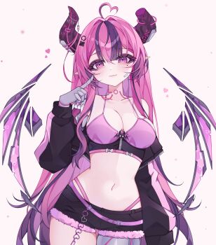 1girl absurdres bikini black_hair black_shorts breasts broken_horn cleavage closed_mouth collarbone commentary demon_girl demon_horns detached_wings hair_ornament highres horns indie_virtual_youtuber ironmouse mole mole_under_eye multicolored_hair navel pink_bikini pink_eyes pink_hair pointy_ears rinne_(rinne_oi) short_shorts shorts solo stomach streaked_hair swimsuit symbol-only_commentary virtual_youtuber wings zipper