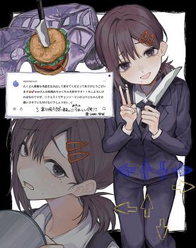 1girl 2025 :d aegyo_sal arrow_(symbol) asymmetrical_bangs black_border black_jacket black_necktie black_pants border breasts brown_eyes burger car chainsaw_man collared_shirt cowboy_shot dated double-parted_bangs food hair_behind_ear hair_between_eyes hair_intakes hair_ornament hairclip hands_up head_tilt heart higashiyama_kobeni highres holding holding_knife holding_tray jacket knife labo_9696 lapels layered_sleeves leaning_forward lettuce long_sleeves looking_at_viewer low_ponytail lower_teeth_only medium_breasts mole mole_above_mouth mole_under_eye mole_under_mouth motor_vehicle multiple_views necktie open_mouth outside_border pants ponytail portrait raised_inner_eyebrows shirt short_hair short_ponytail simple_background smile standing star_(symbol) sweat teeth thigh_gap tray twitter_username v white_background white_shirt