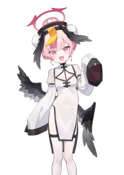 1girl absurdres bada_(jksh5056) black_hat black_nails black_wings blue_archive commentary_request dress fang feathered_wings feet_out_of_frame halo hat highres koharu_(blue_archive) low_wings nail_polish ofuda open_mouth pink_eyes pink_hair pink_halo pom_pom_(clothes) qingdai_guanmao short_hair simple_background skin_fang sleeves_past_fingers sleeves_past_wrists solo thighhighs white_background white_dress white_thighhighs wings
