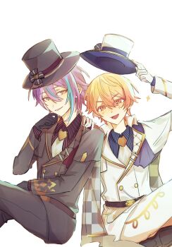 2boys anoipoi0 black_gloves commentary_request gloves hand_on_another's_shoulder hand_on_own_leg hand_up hat highres kamishiro_rui looking_at_viewer multiple_boys open_mouth project_sekai sitting smile teeth tenma_tsukasa top_hat white_background white_gloves