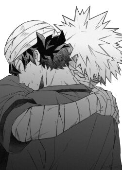 Rule 34 | 2boys, arm around shoulder, bakugou katsuki, bandaged arm, bandaged head, bandages, boku no hero academia, closed eyes, closed mouth, commentary request, head on another's shoulder, highres, hospital gown, hug, injury, male focus, midoriya izuku, multiple boys, salt si0, short hair, simple background, spiked hair, upper body, white background